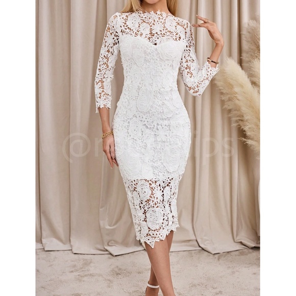 White Floral Guipure Lace Midi Dress 3/4 Sleeve Bodycon - Picture 6 of 10
